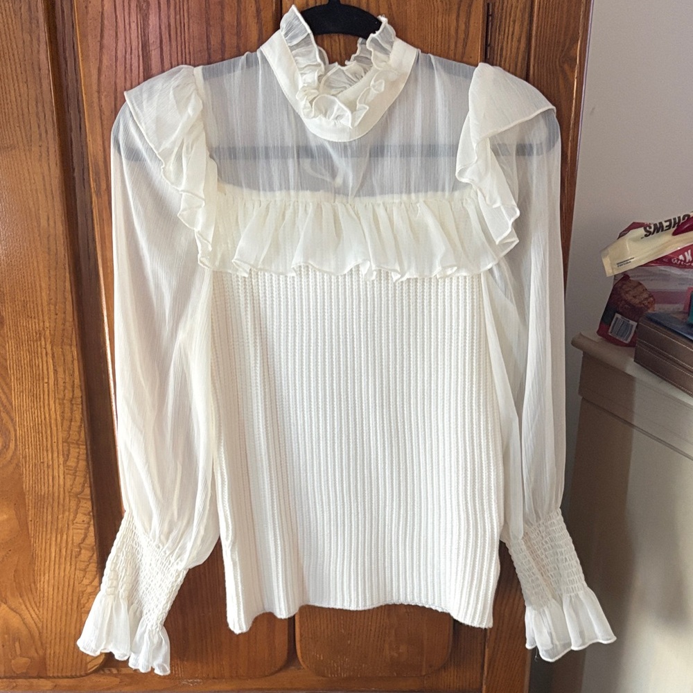 Elegant Ruffled Ivory Long-Sleeve Sheer Yoke Top SZ S PTP 15